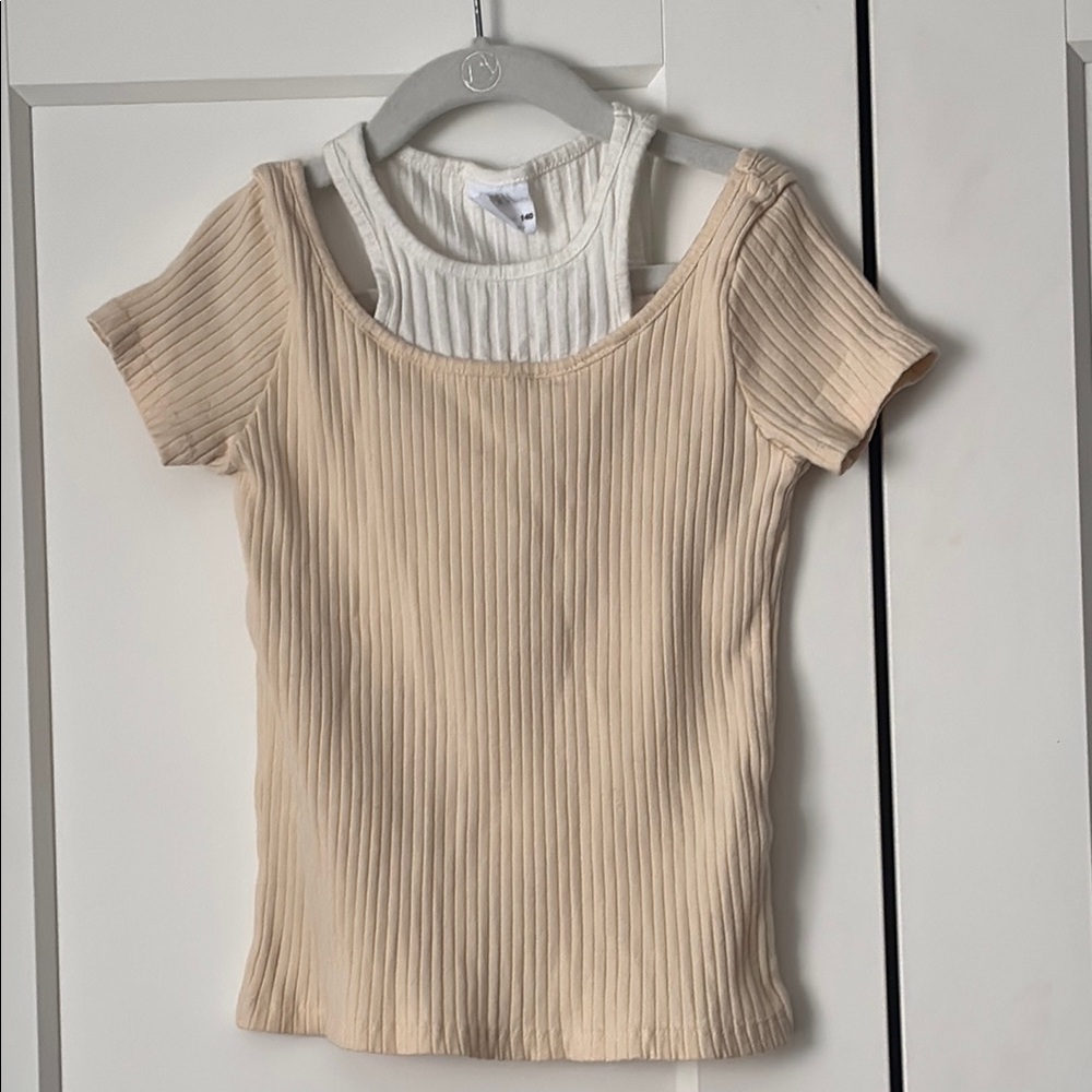 Zara girls Ribbed Tan and White Women's Top